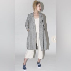 Ali Golden Notch Jacket Linen Blend Striped White Gray L Longline Open Front